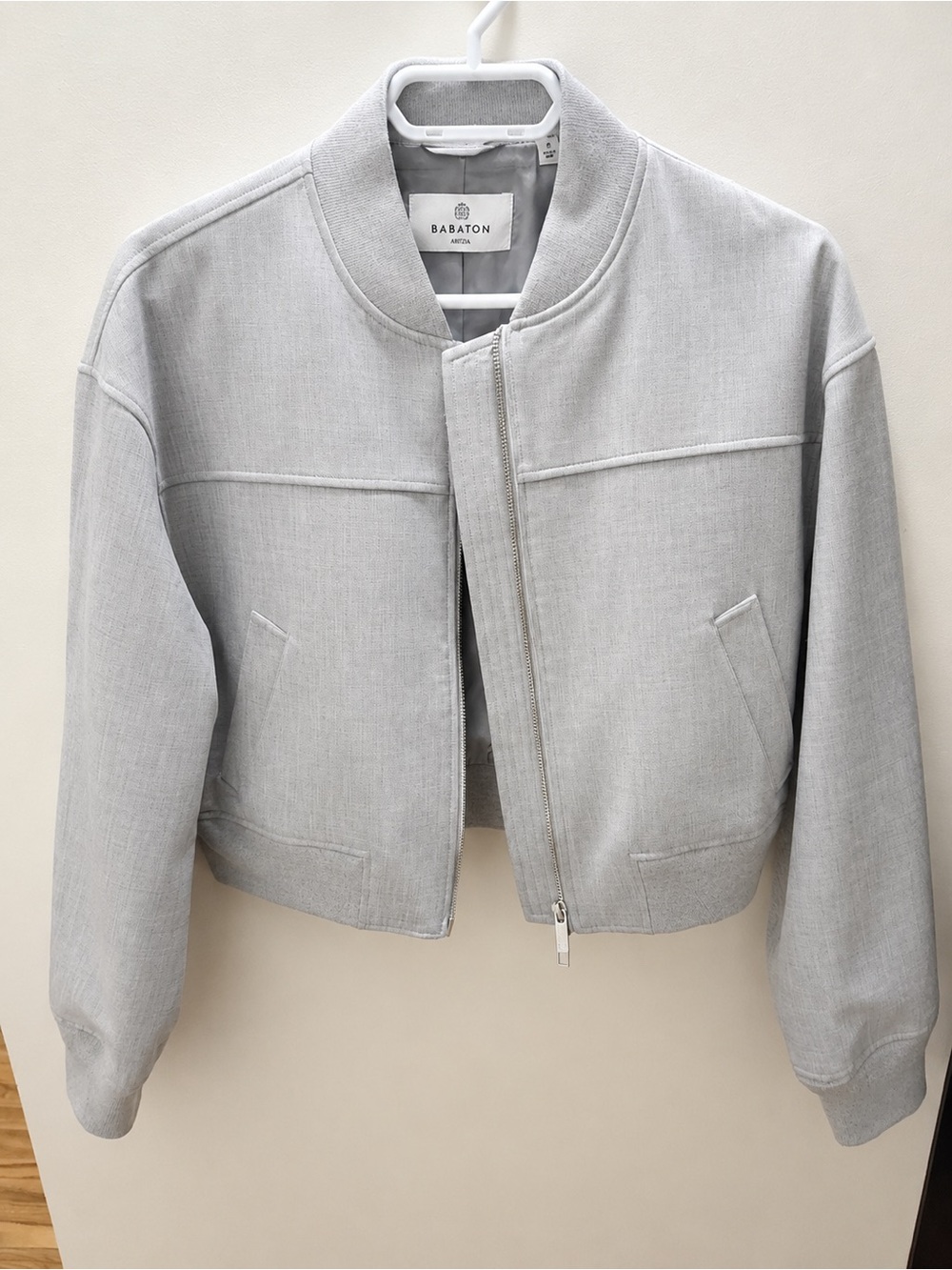 Babaton Pale Gray Structured Bomber Jacket